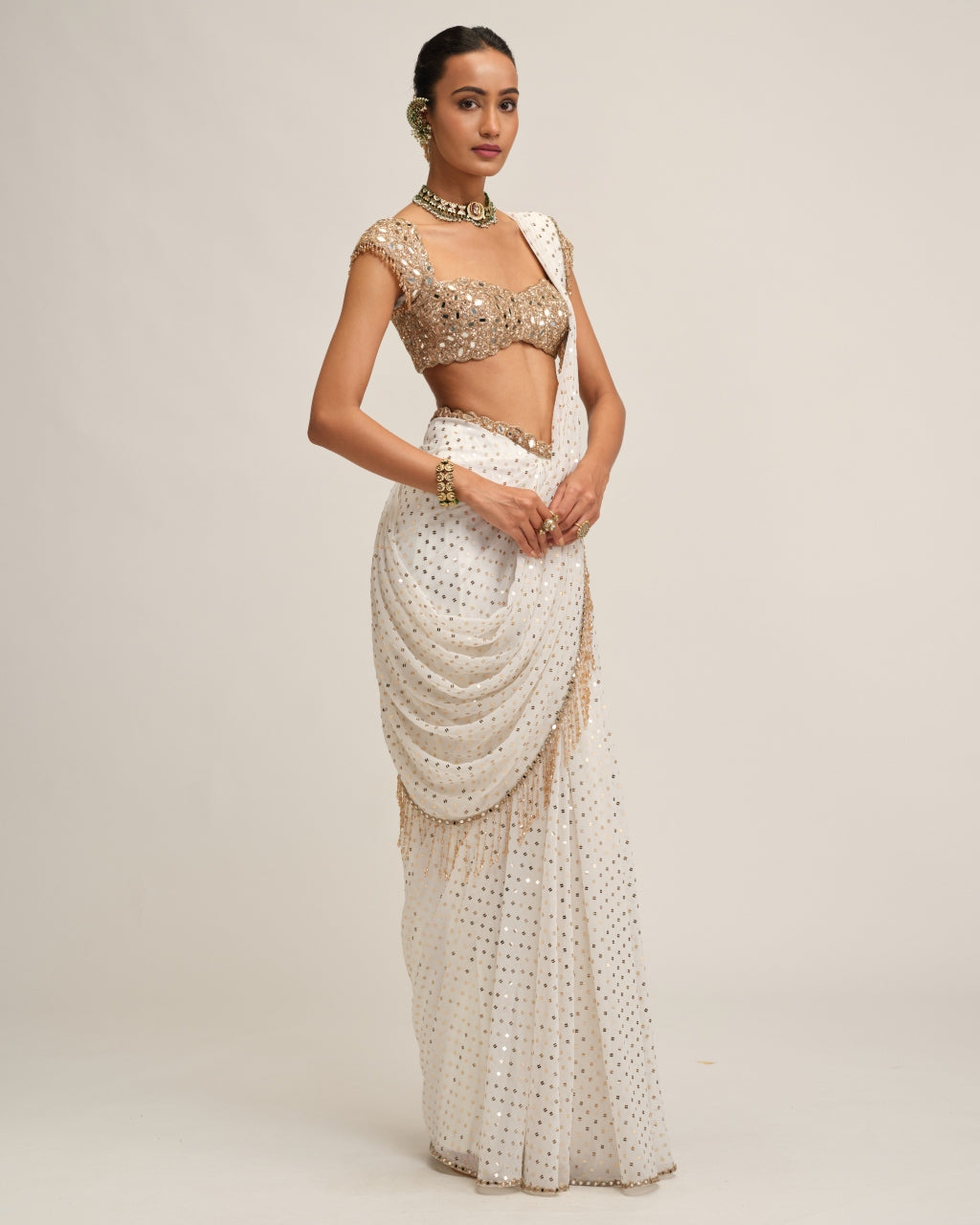 Off White Draped Sari Set