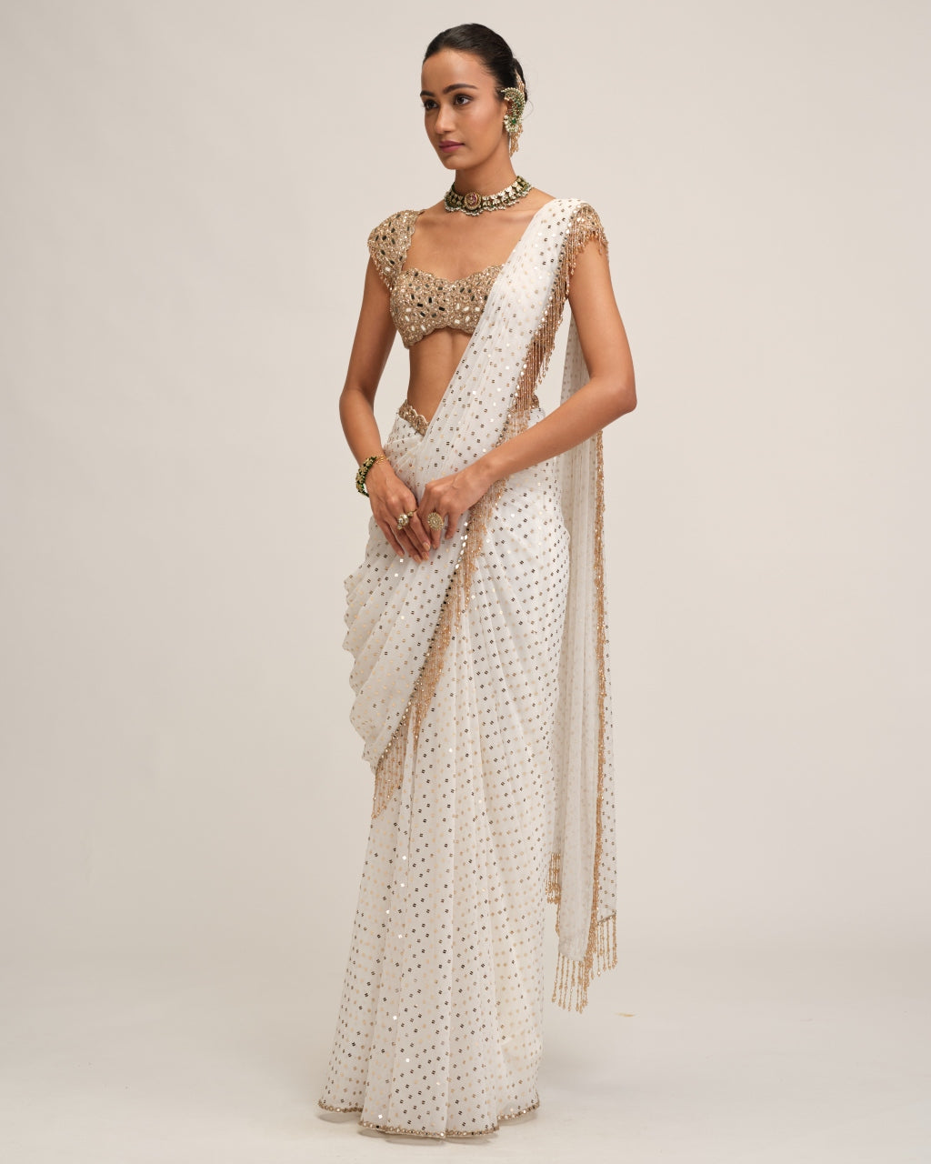 Off White Draped Sari Set