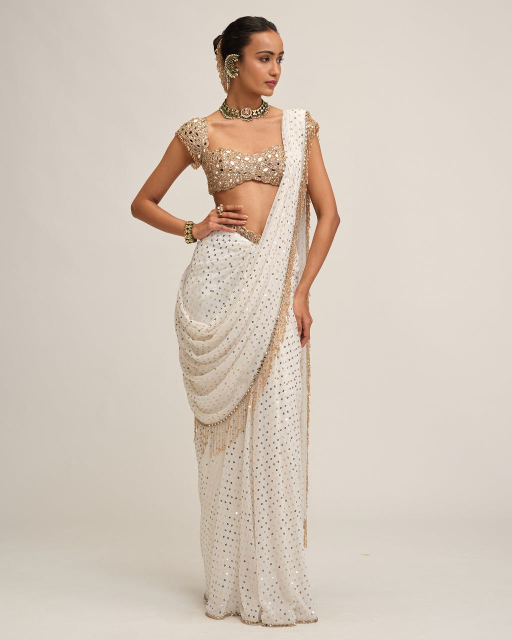Off White Draped Sari Set