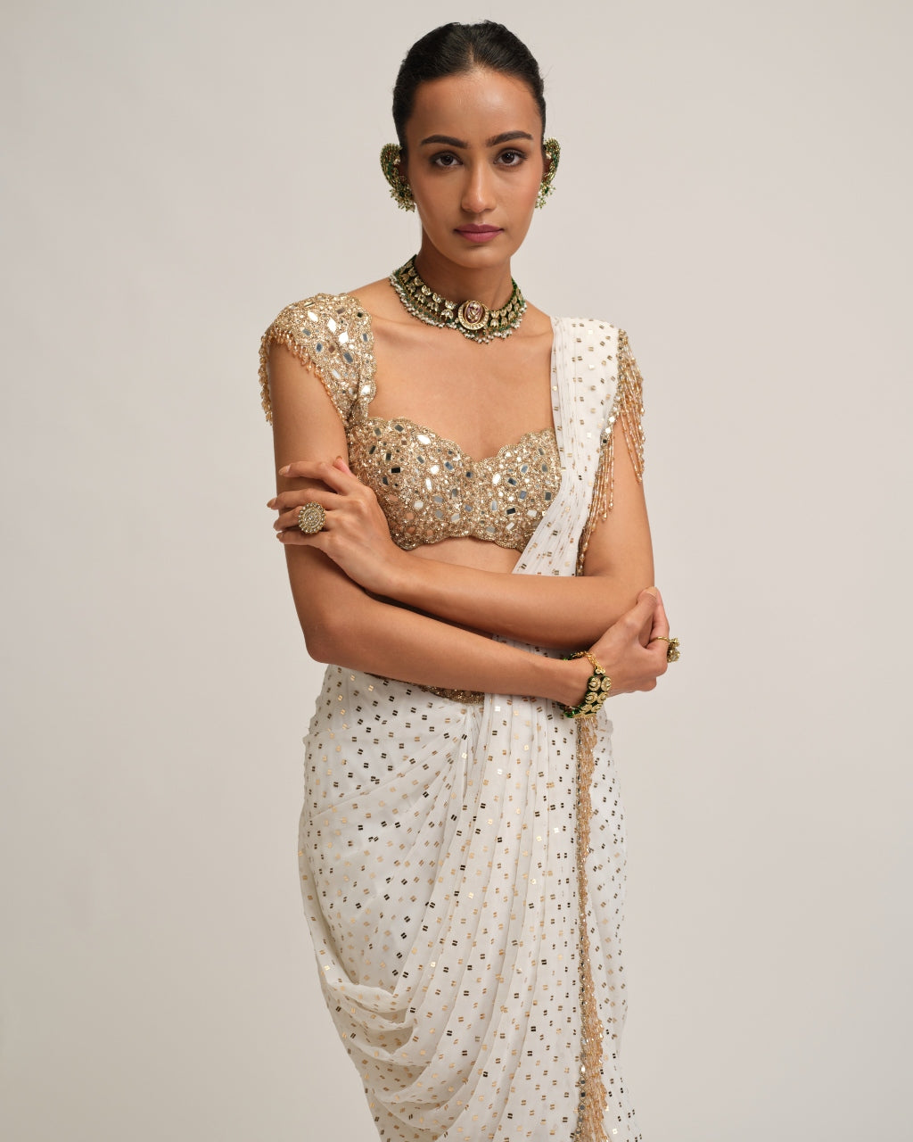 Off White Draped Sari Set