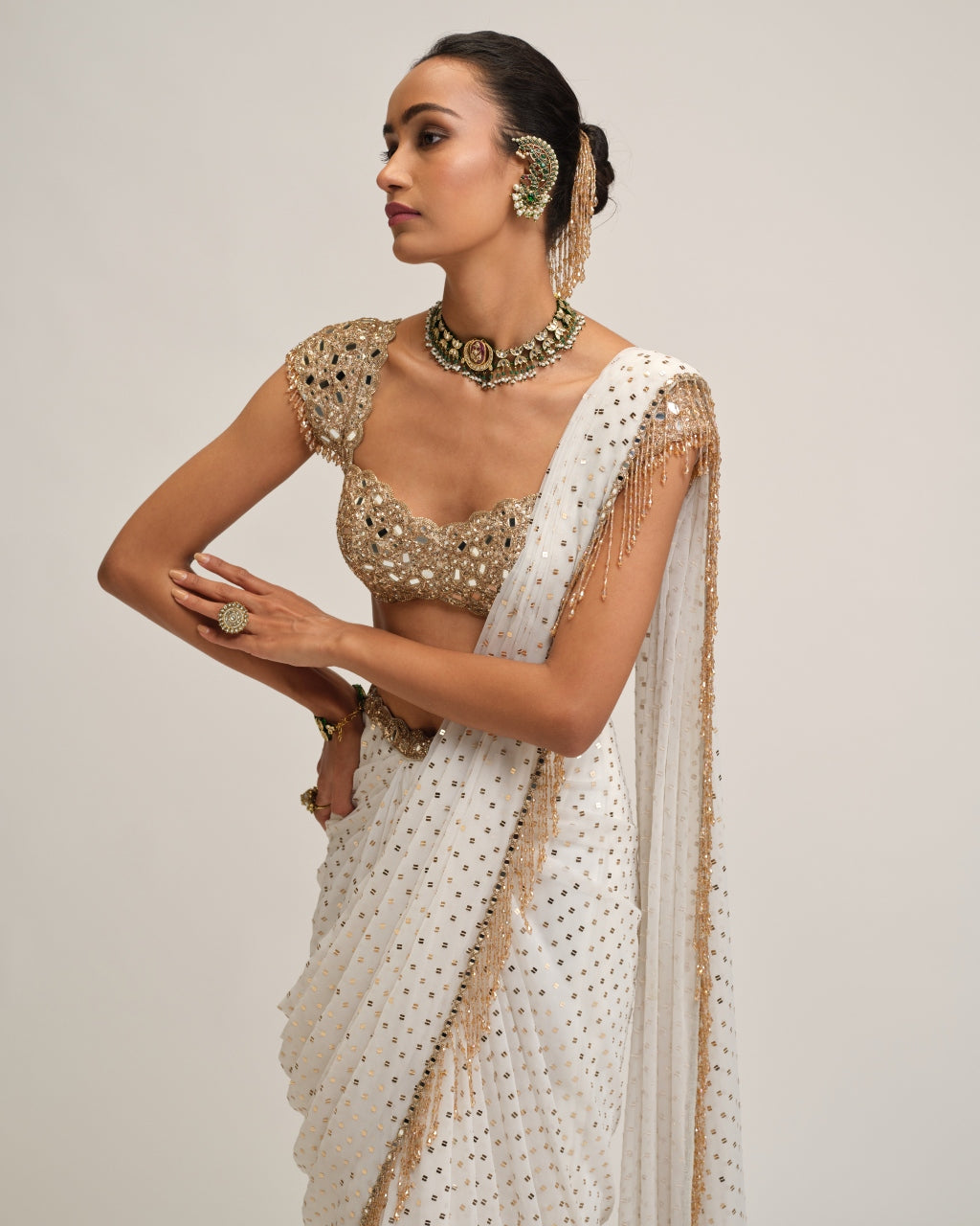 Off White Draped Sari Set