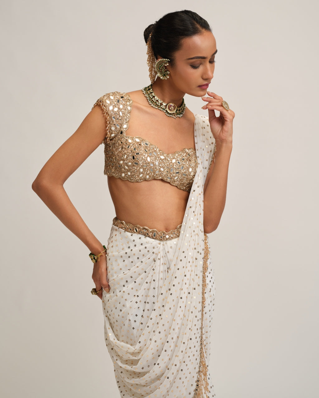 Off White Draped Sari Set