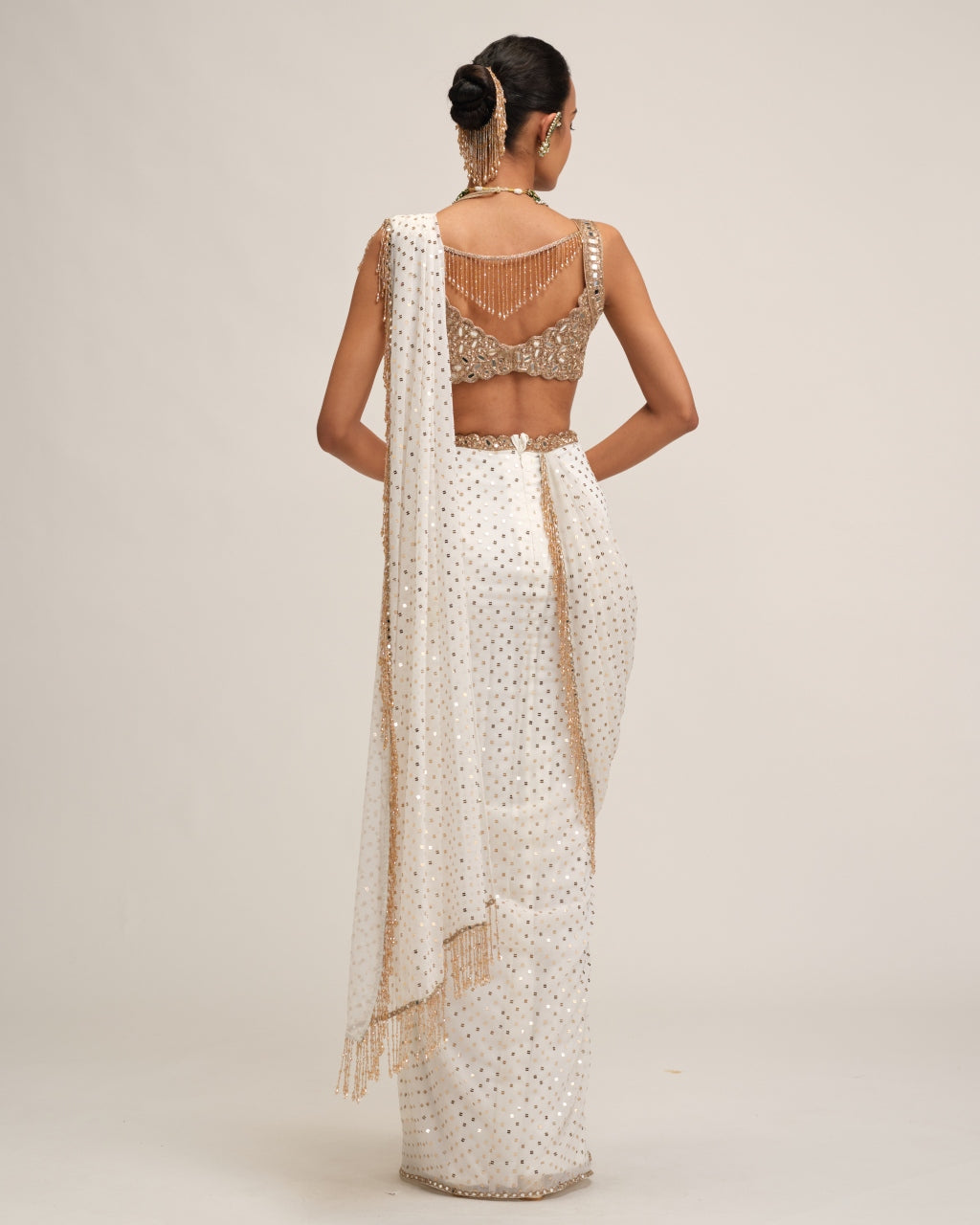 Off White Sequins Embroidered Sari Set