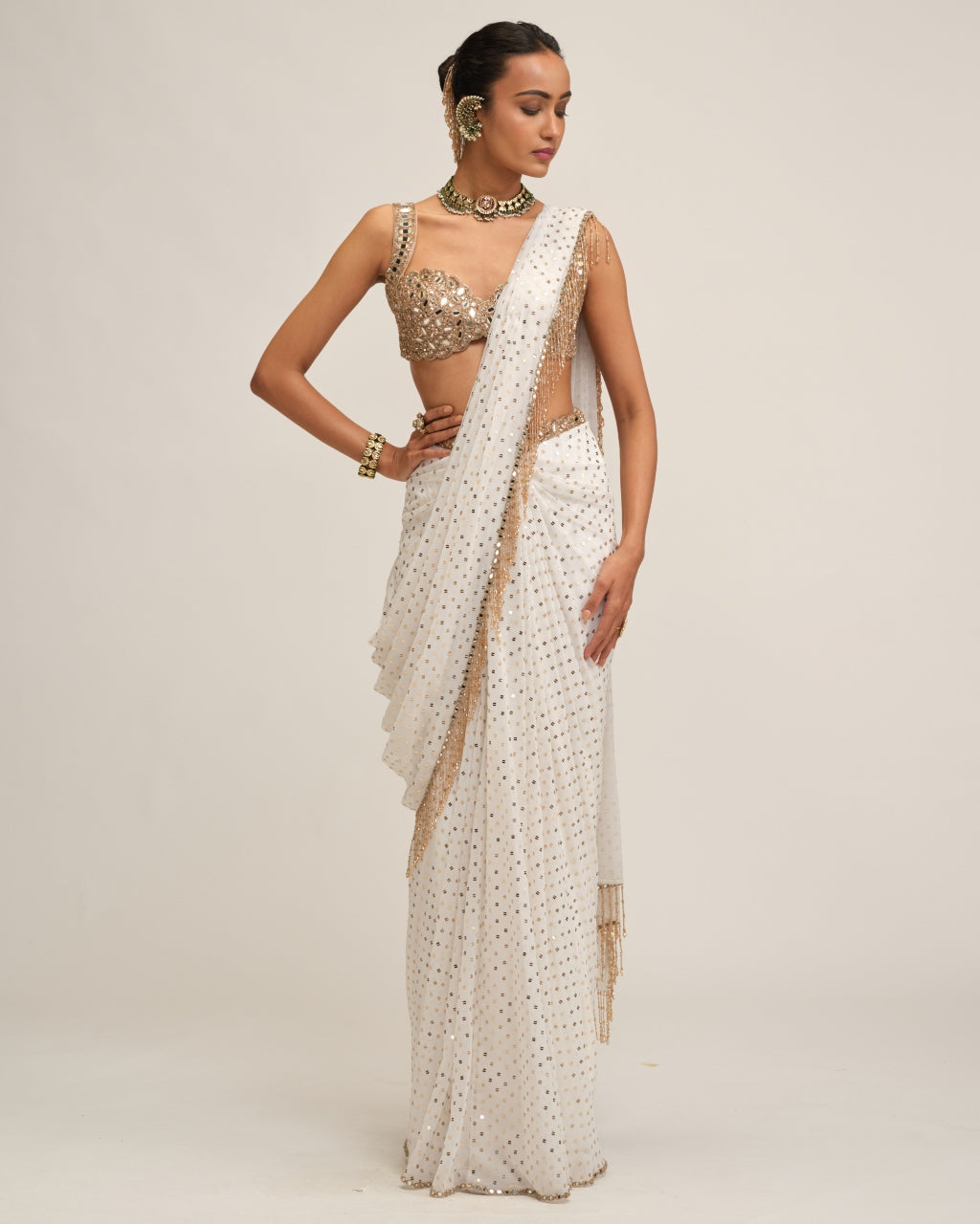 Off White Sequins Embroidered Sari Set
