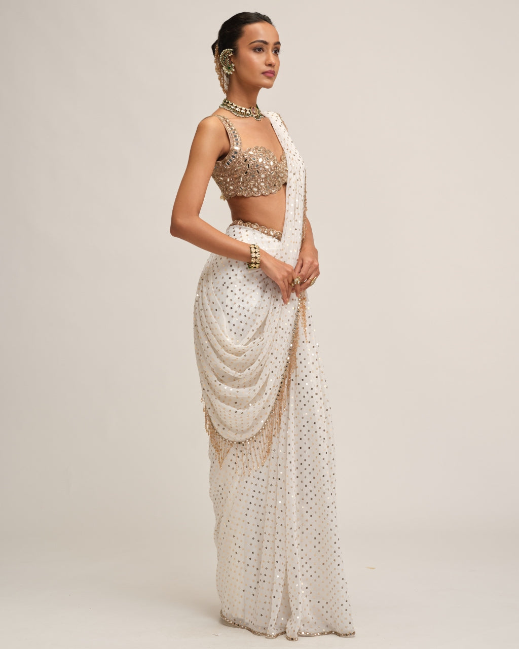 Off White Sequins Embroidered Sari Set