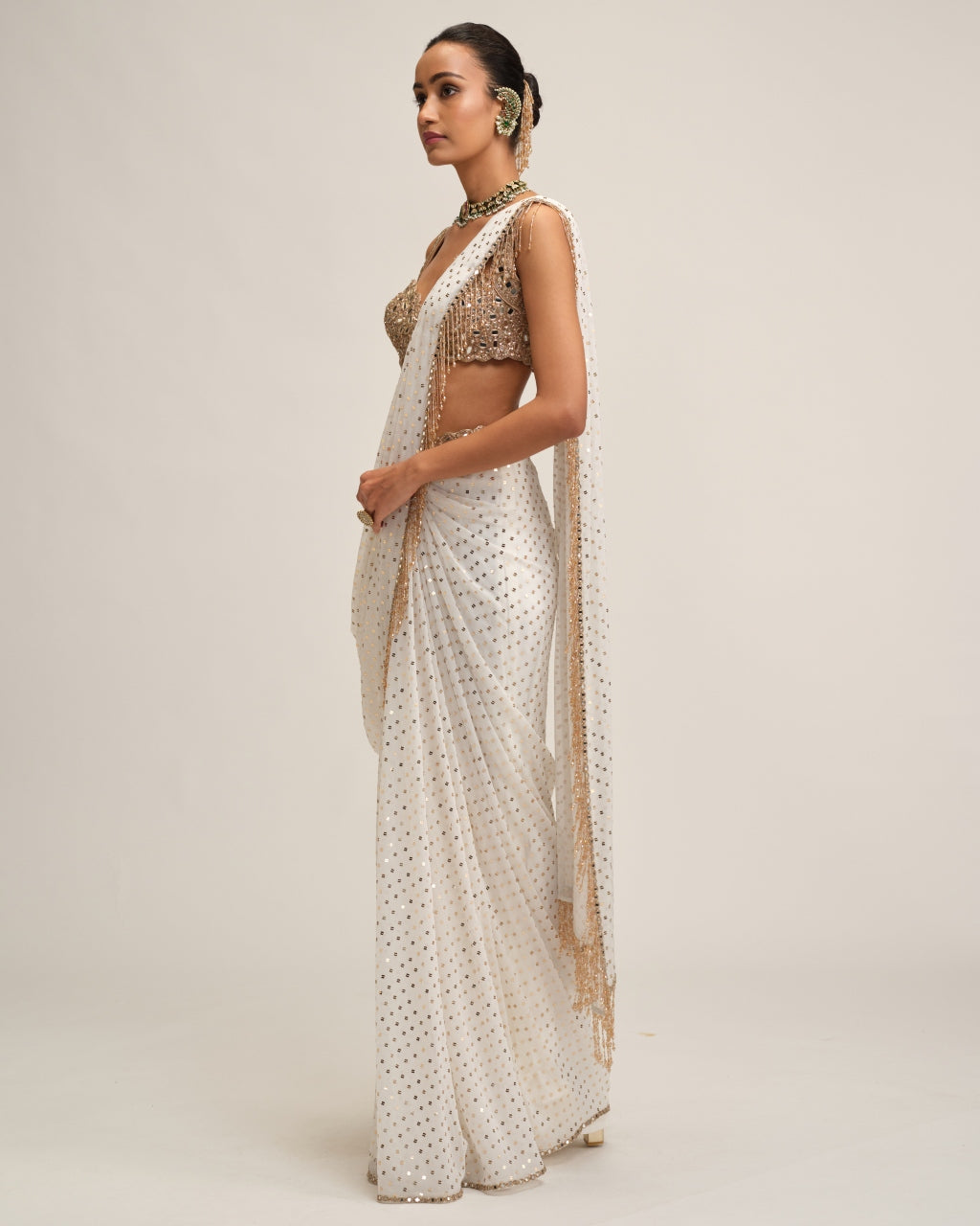 Off White Sequins Embroidered Sari Set