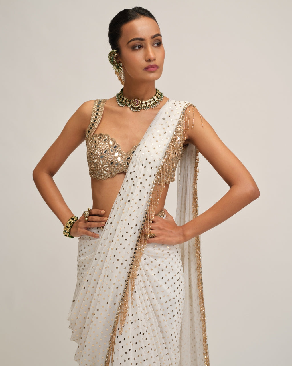 Off White Sequins Embroidered Sari Set
