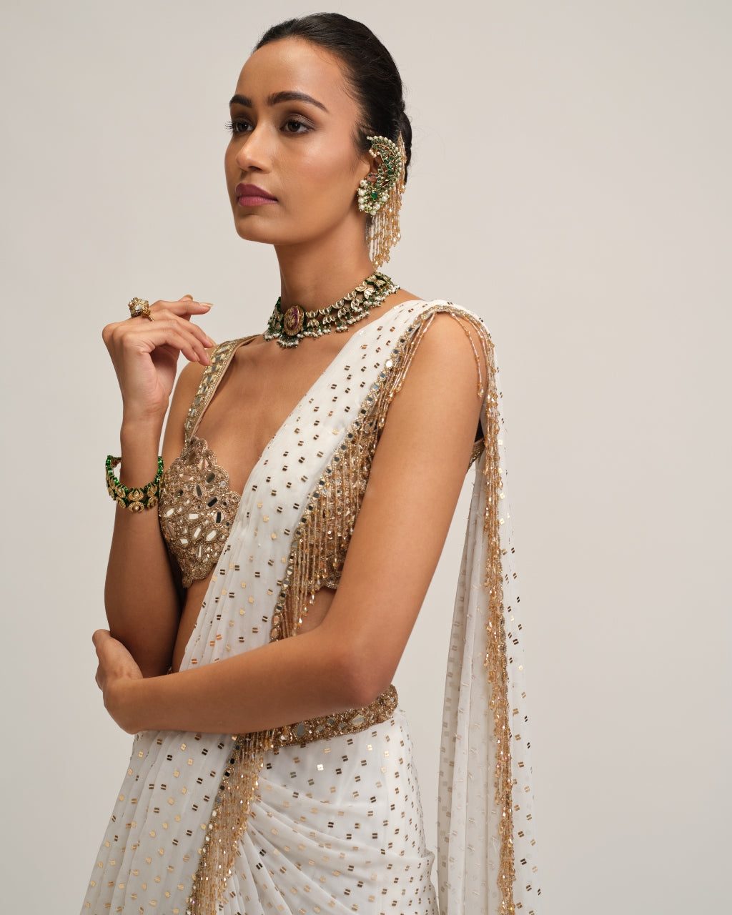 Off White Sequins Embroidered Sari Set