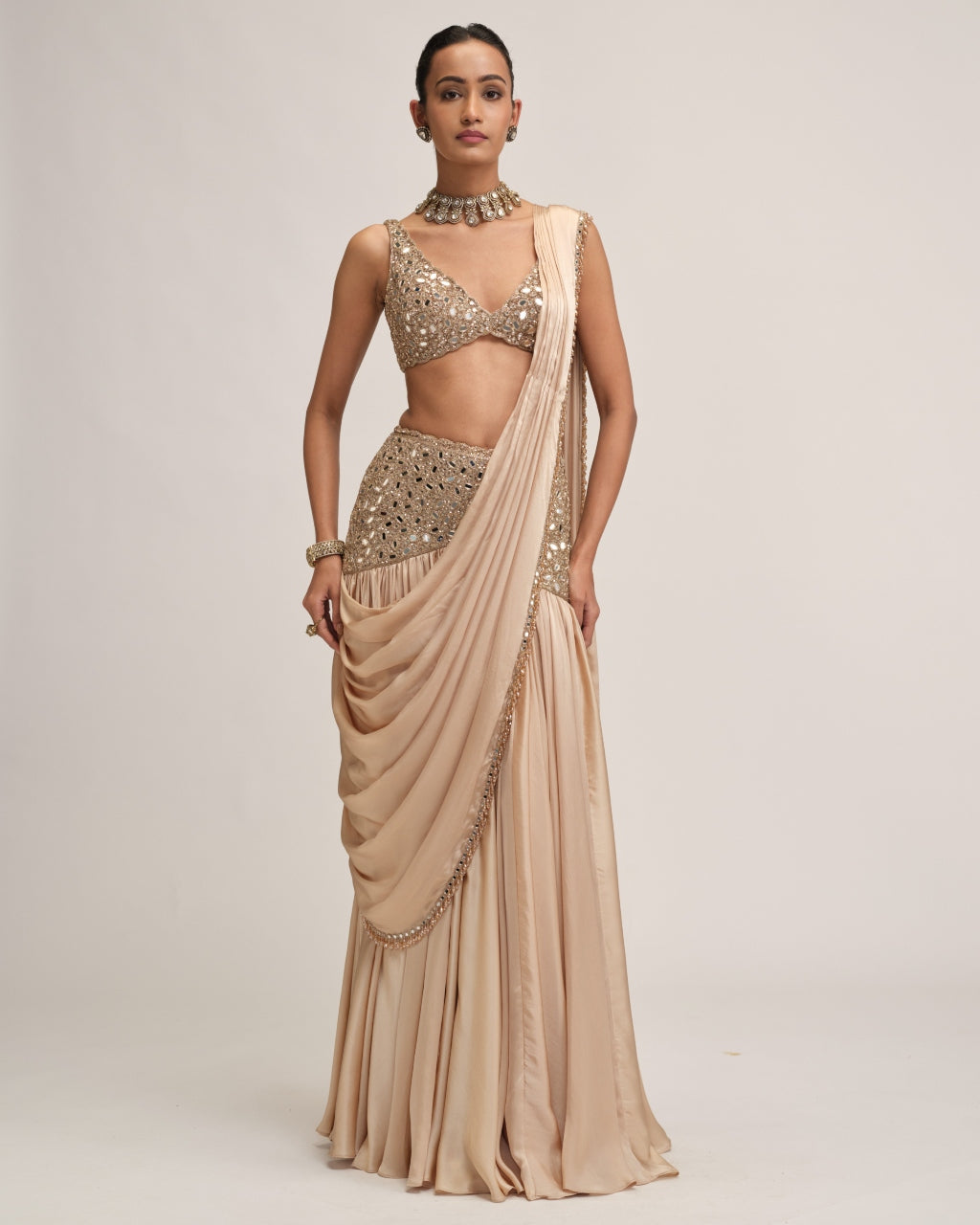 Light Beige Satin Draped Sari Set