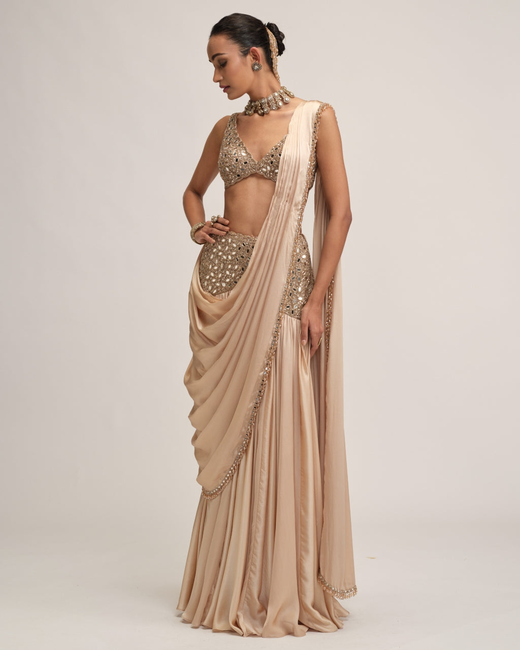 Light Beige Satin Draped Sari Set