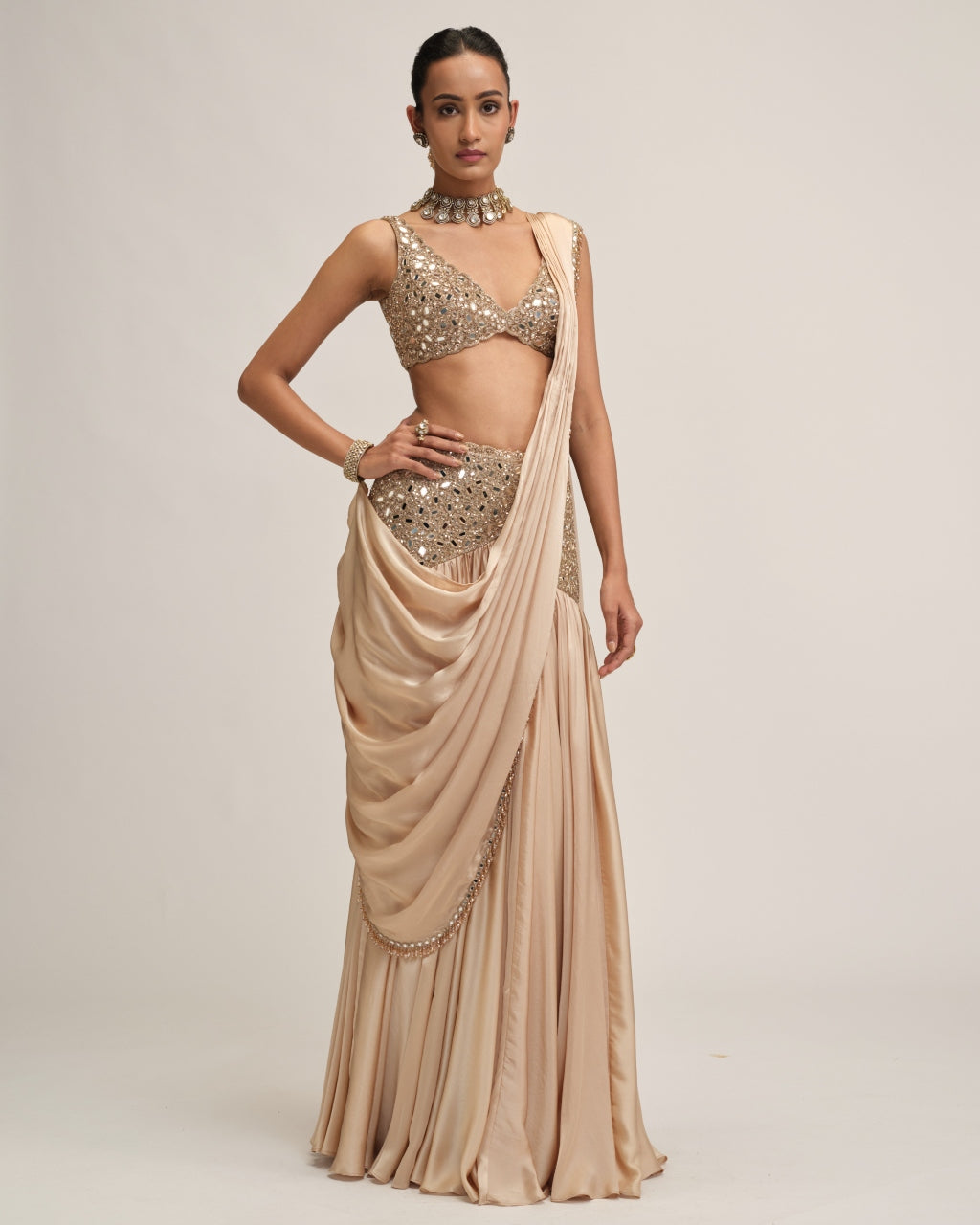 Light Beige Satin Draped Sari Set