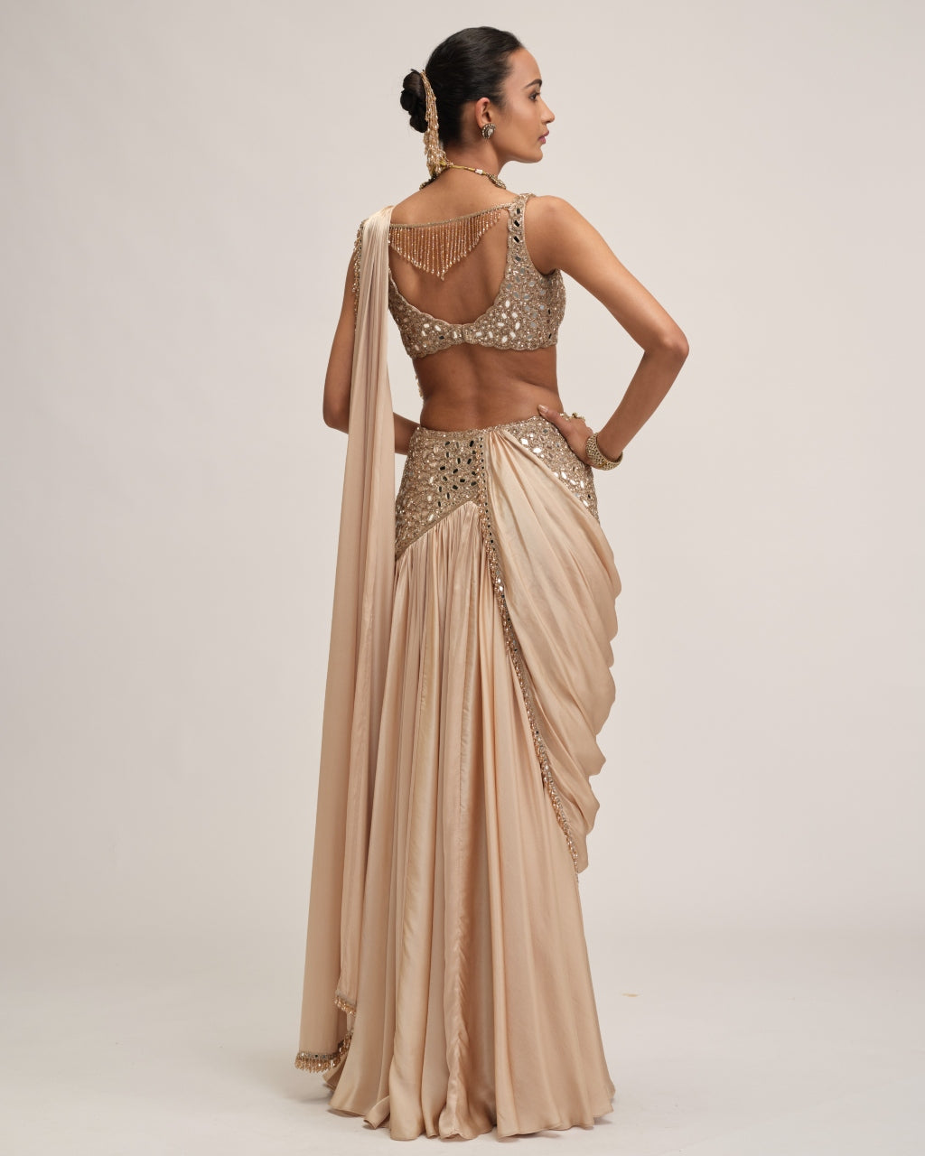 Light Beige Satin Draped Sari Set