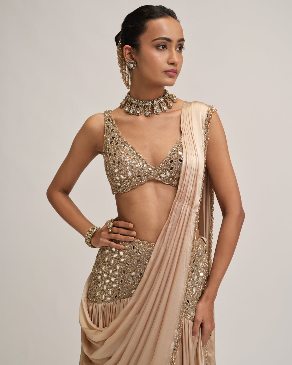 Light Beige Satin Draped Sari Set