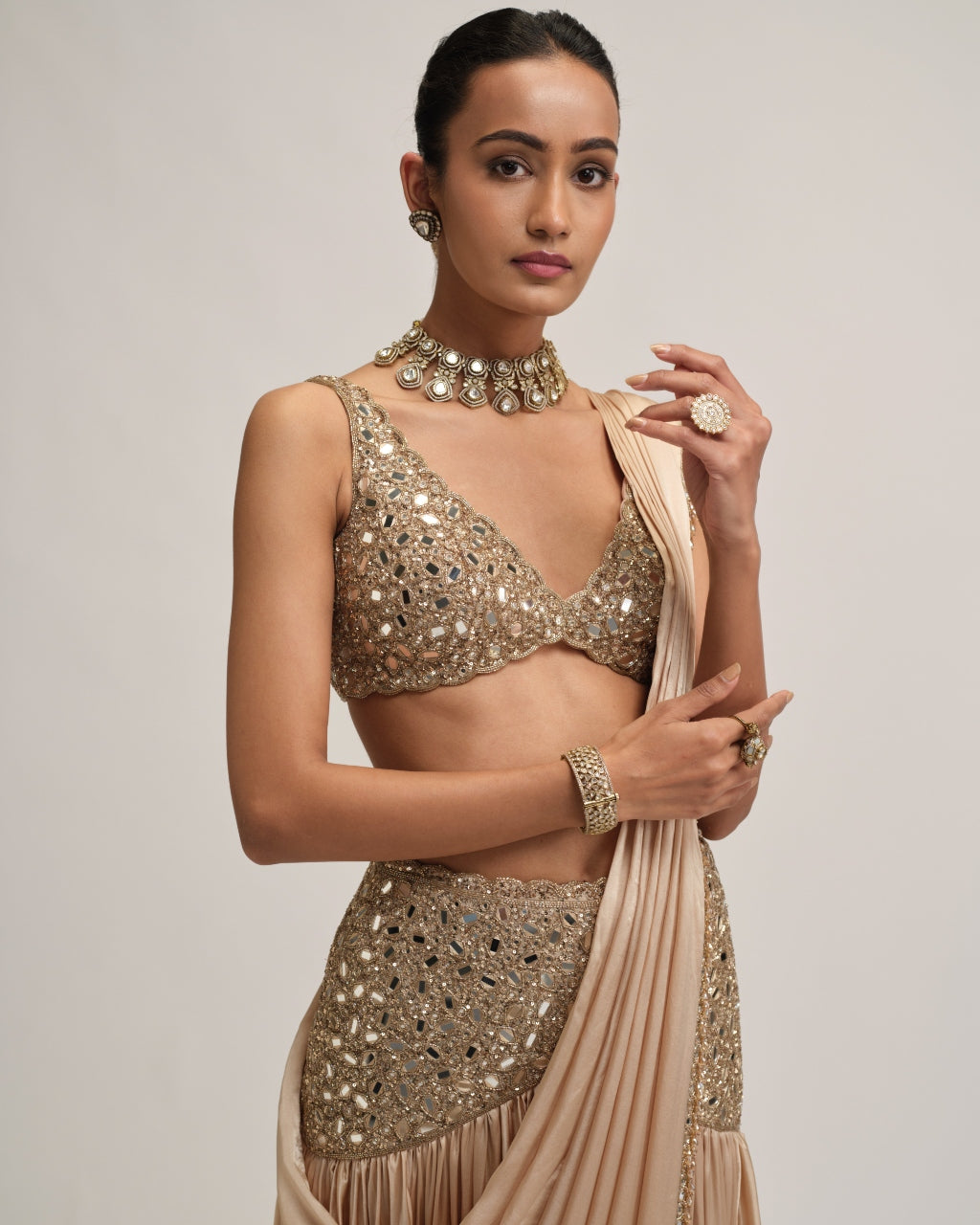 Light Beige Satin Draped Sari Set