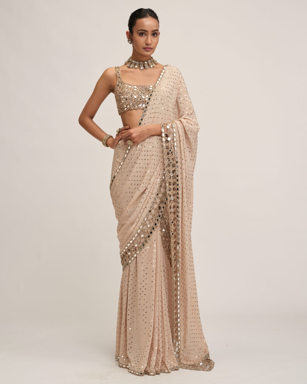 Light Beige Round Neck Cutwork Border Sari Set
