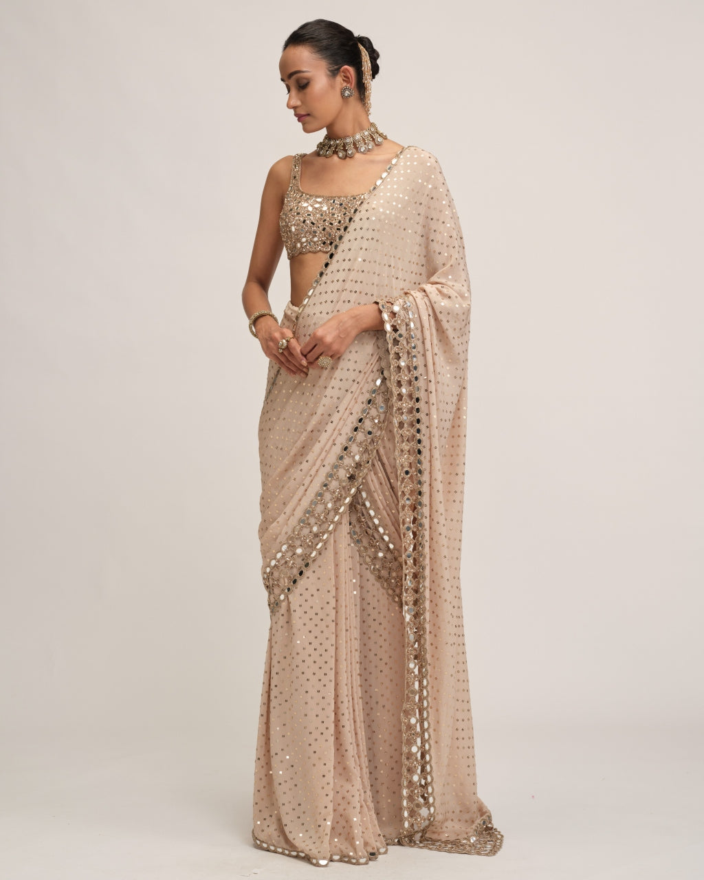 Light Beige Round Neck Cutwork Border Sari Set