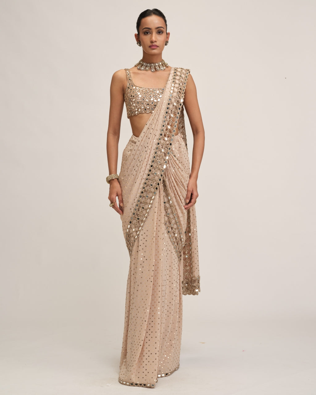 Light Beige Round Neck Cutwork Border Sari Set