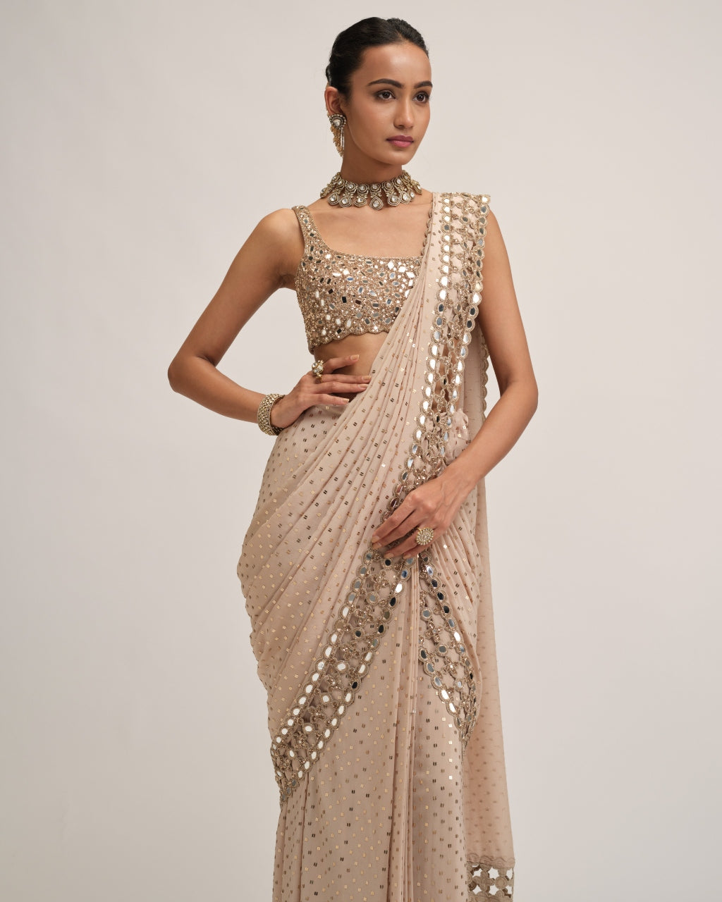 Light Beige Round Neck Cutwork Border Sari Set