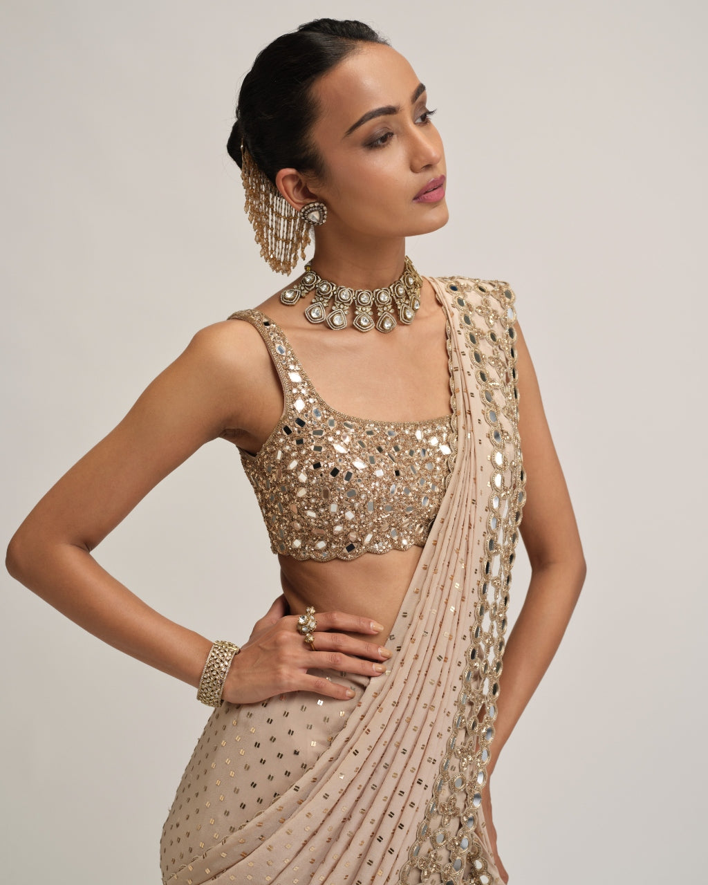 Light Beige Round Neck Cutwork Border Sari Set