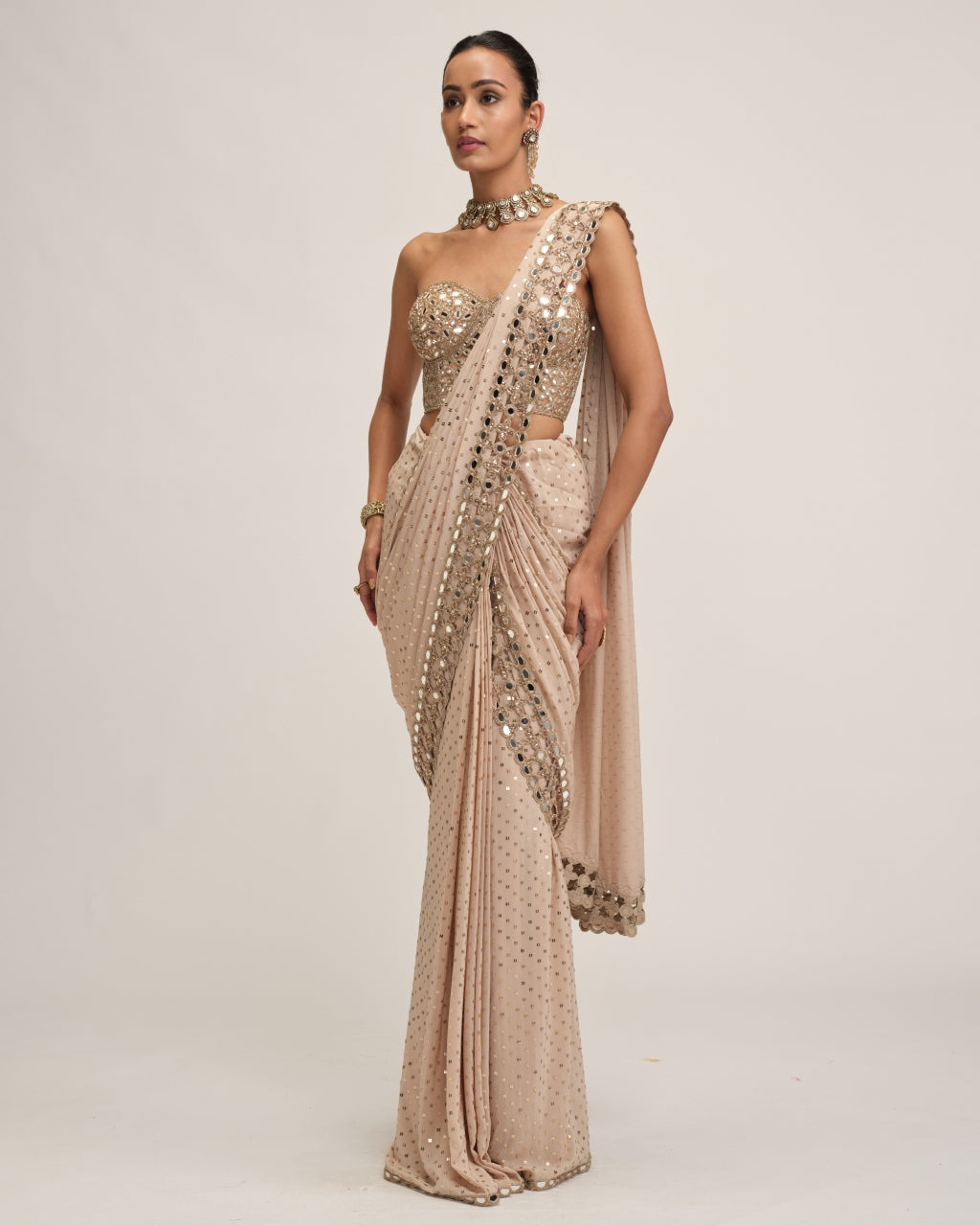 Light Beige Cutwork Border Sari Set