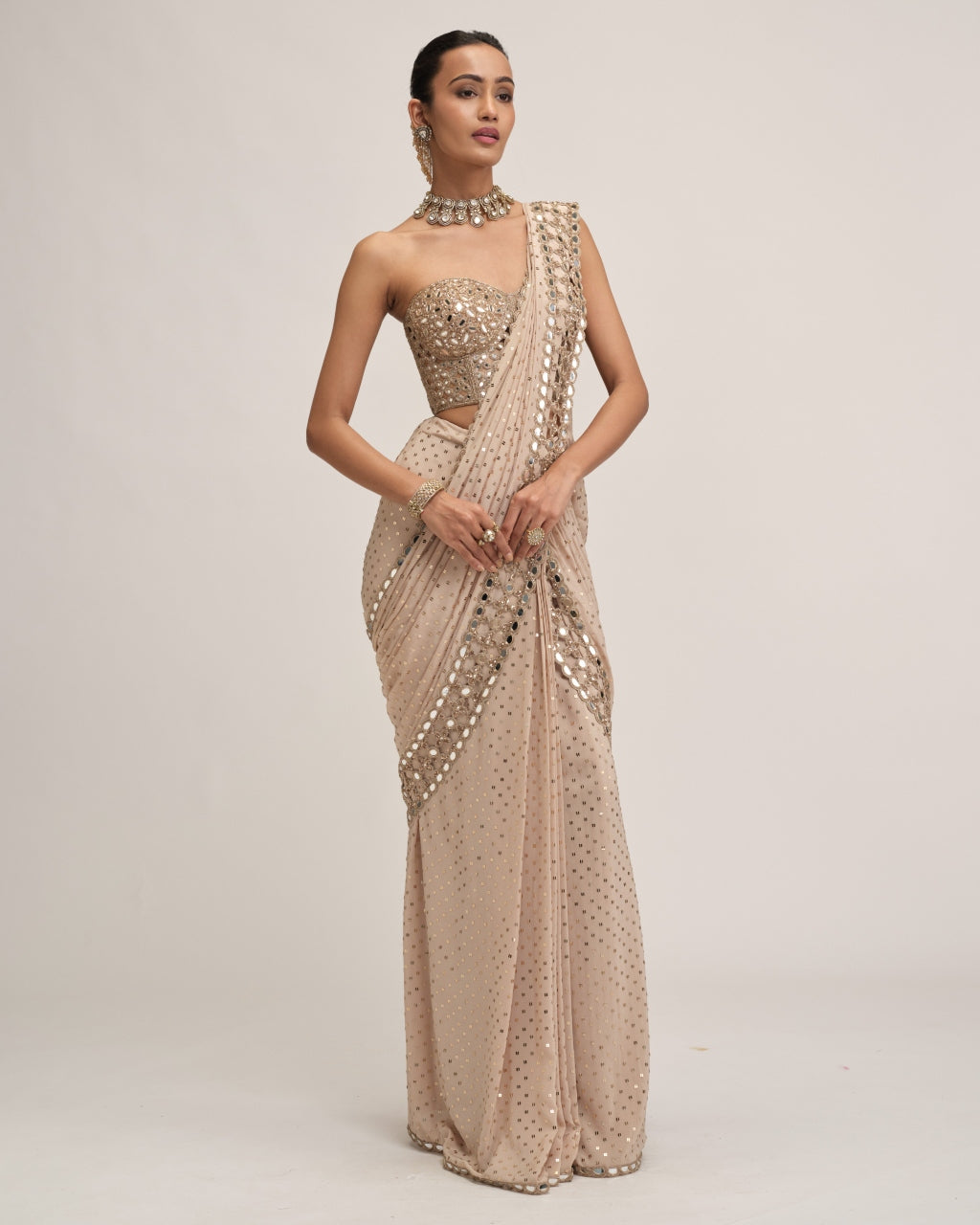 Light Beige Cutwork Border Sari Set