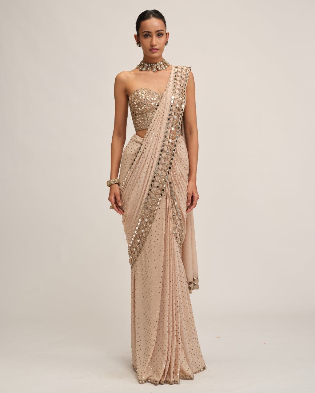 Light Beige Cutwork Border Sari Set