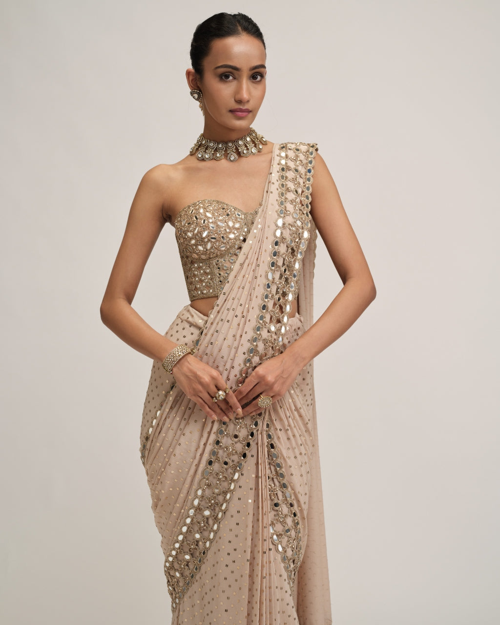 Light Beige Cutwork Border Sari Set