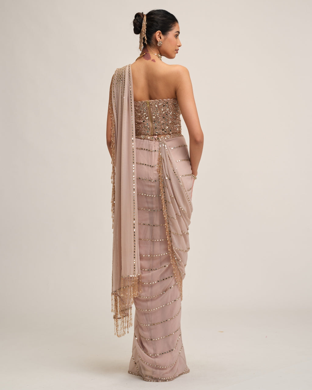 Ash Pink Linear Mirror Sari Set