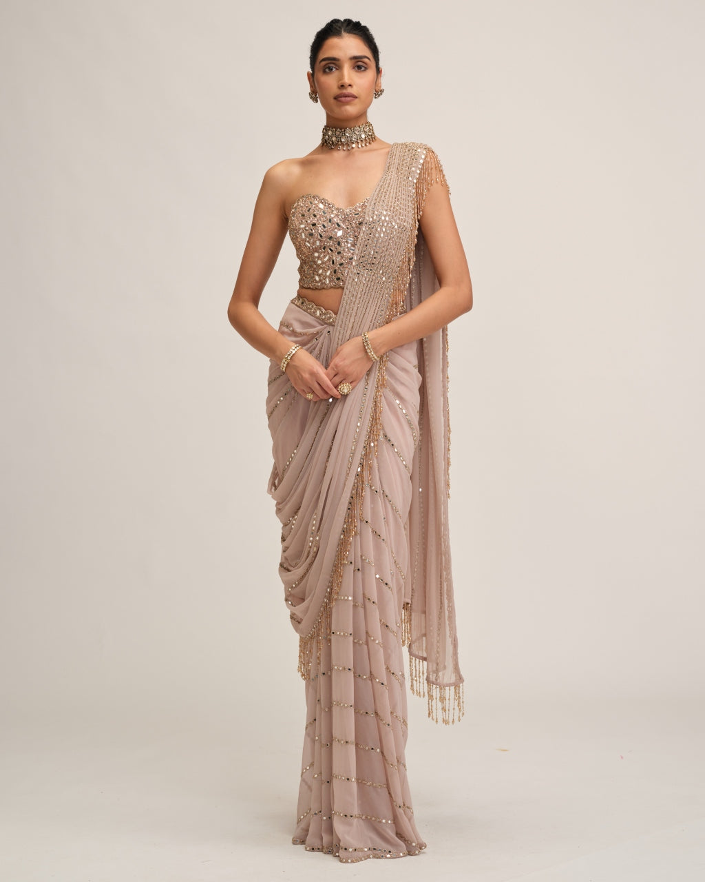 Ash Pink Linear Mirror Sari Set