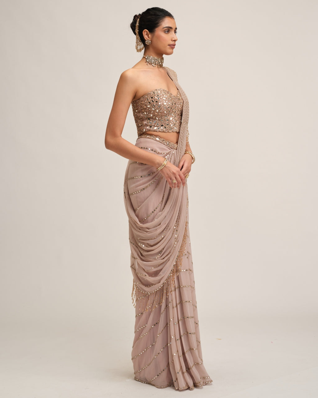 Ash Pink Linear Mirror Sari Set