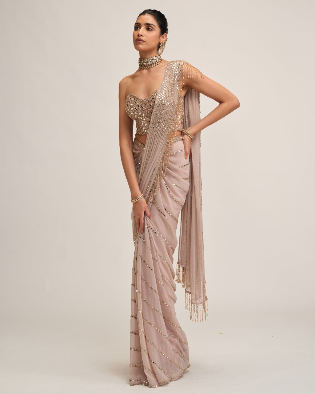 Ash Pink Linear Mirror Sari Set