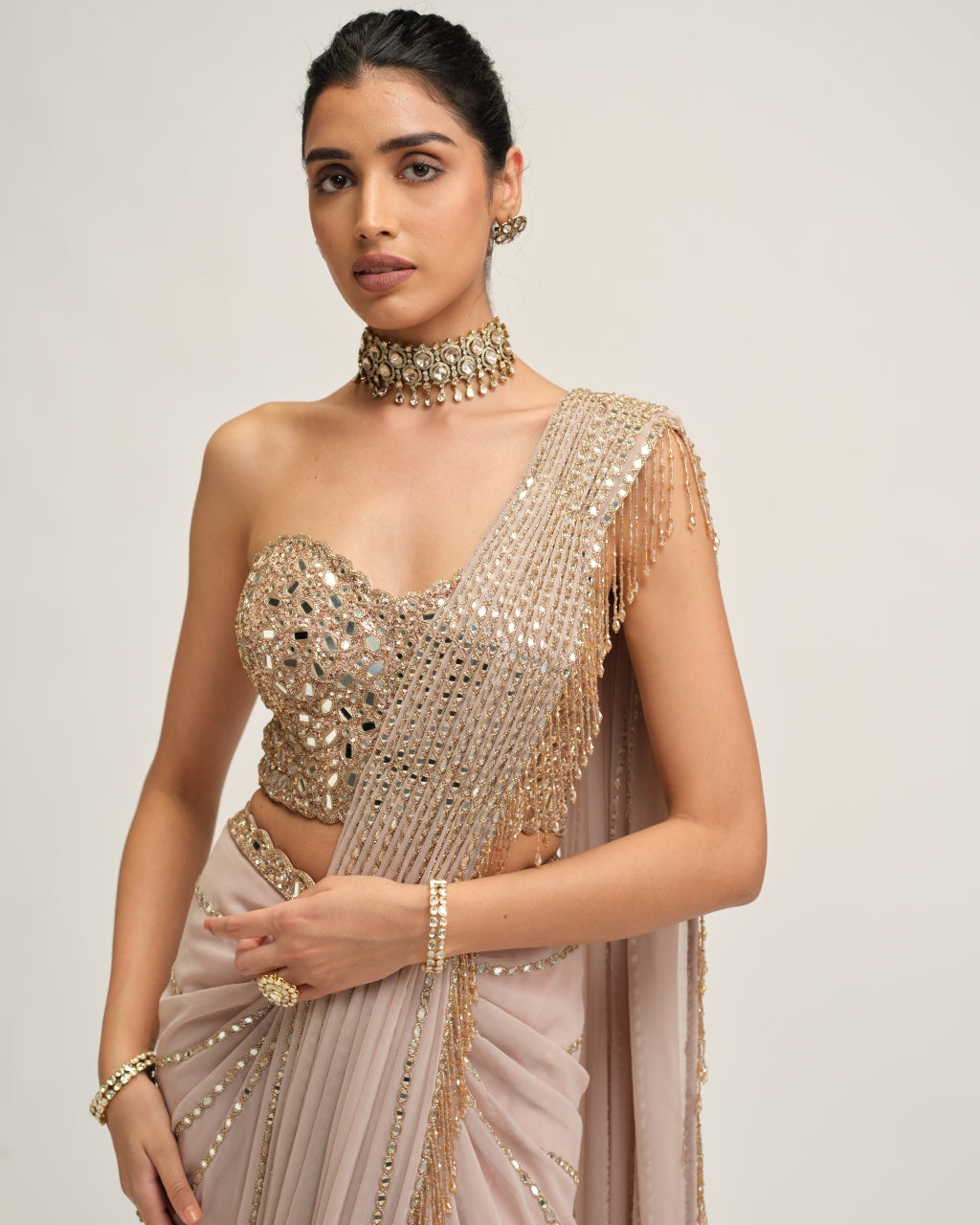 Ash Pink Linear Mirror Sari Set