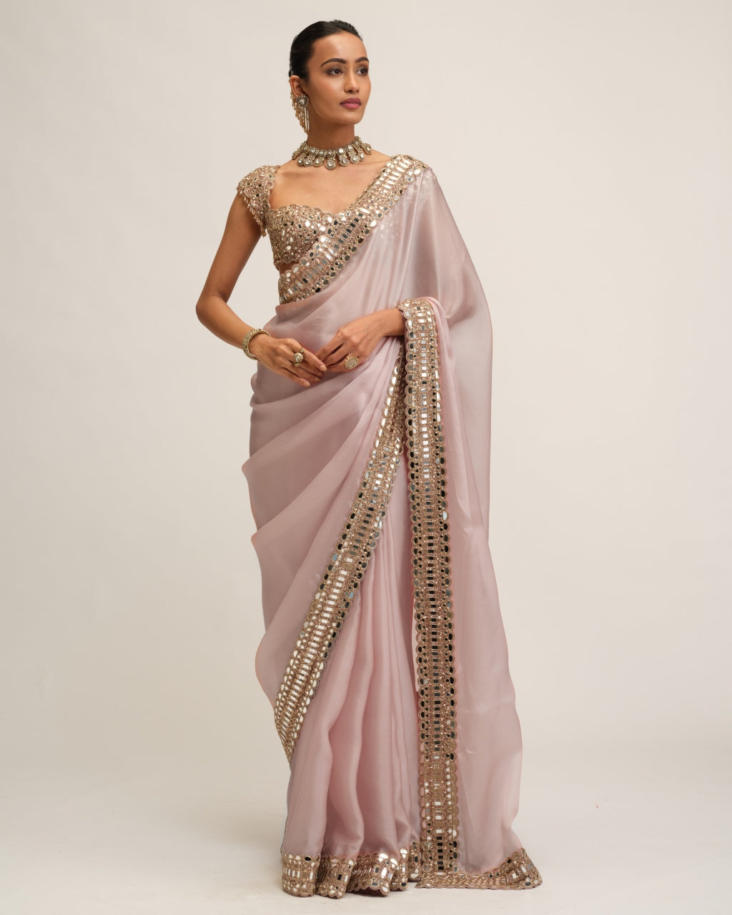Ash Pink Satin Organza Sari Set