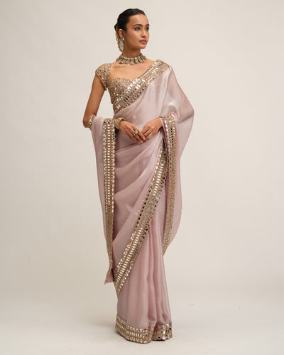 Ash Pink Satin Organza Sari Set