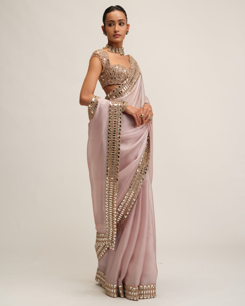 Ash Pink Satin Organza Sari Set