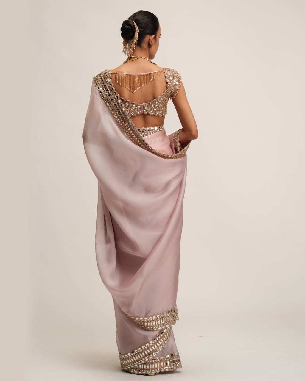 Ash Pink Satin Organza Sari Set