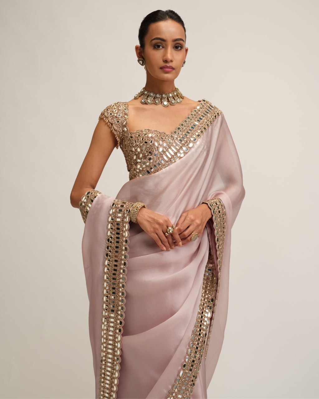 Ash Pink Satin Organza Sari Set