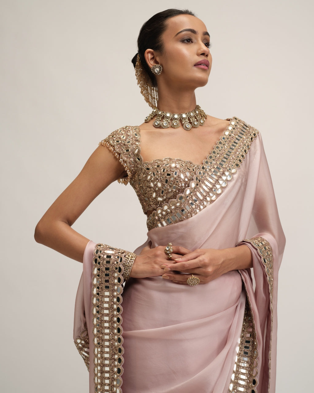 Ash Pink Satin Organza Sari Set