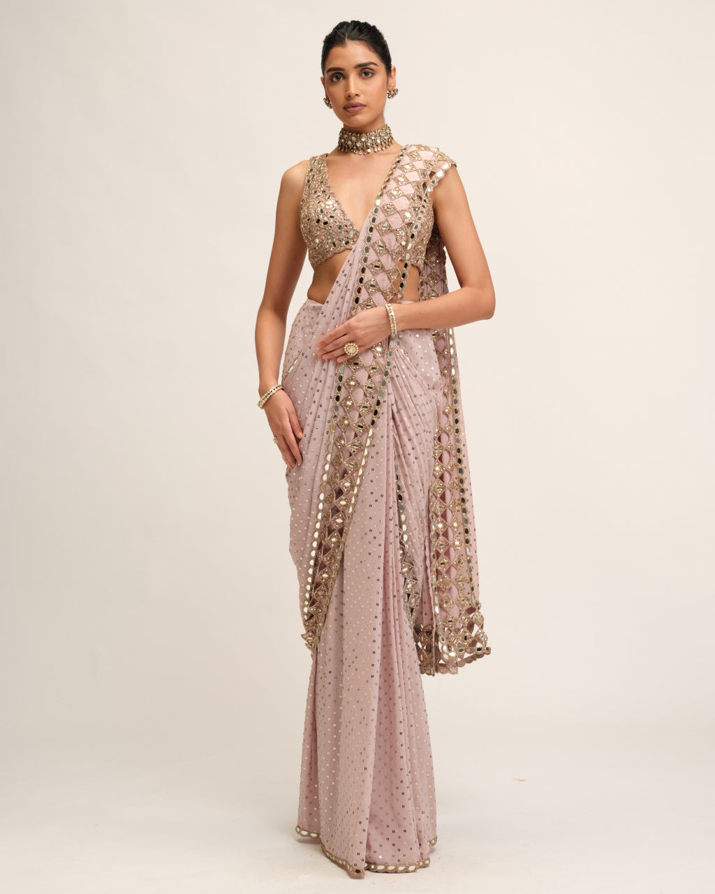 Ash Pink Cutwork Border Sari Set
