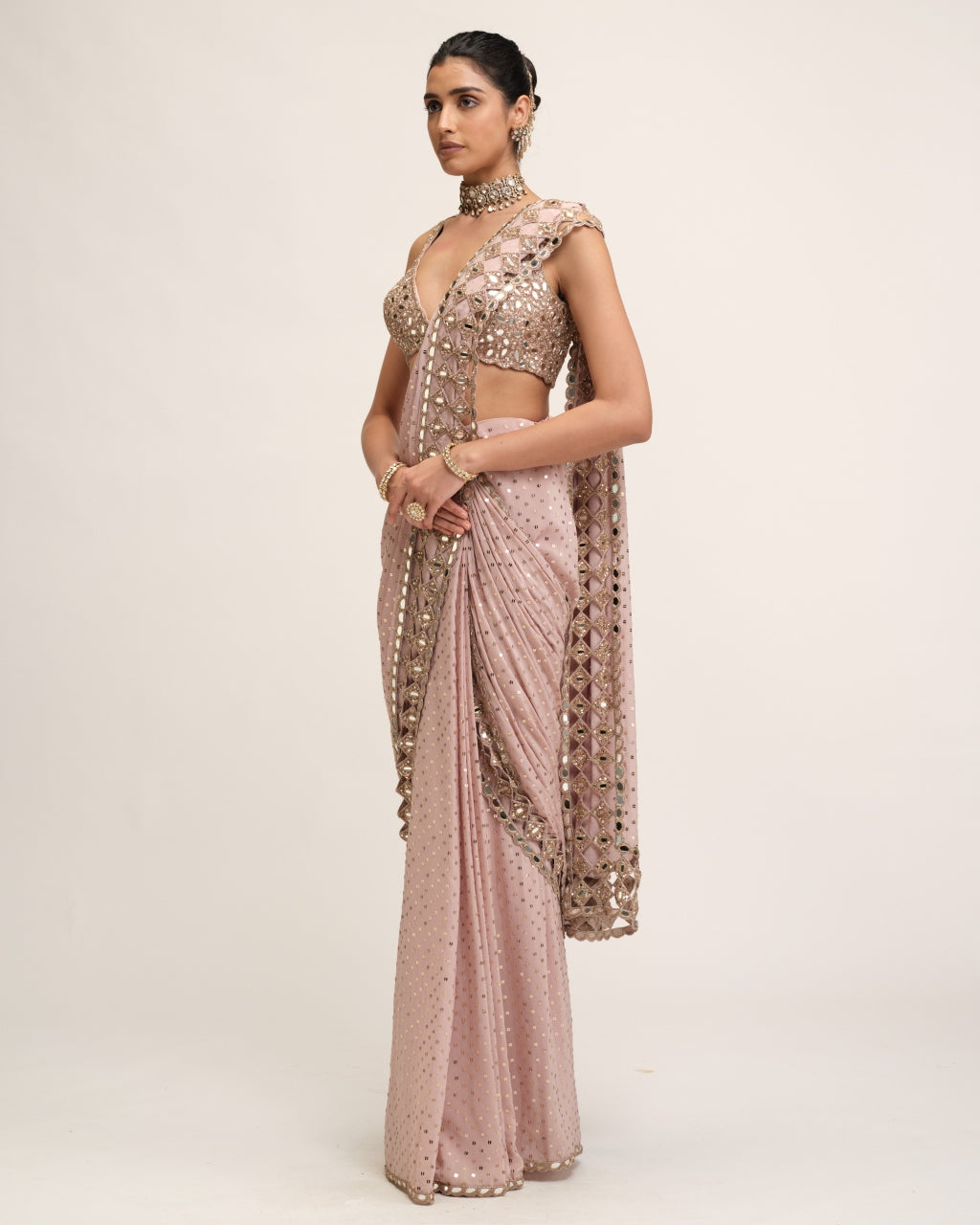 Ash Pink Cutwork Border Sari Set