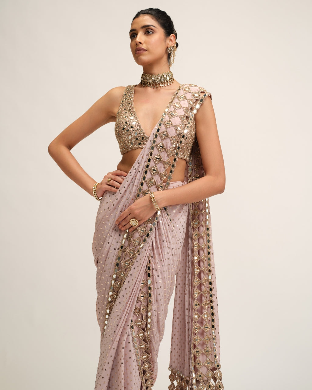 Ash Pink Cutwork Border Sari Set