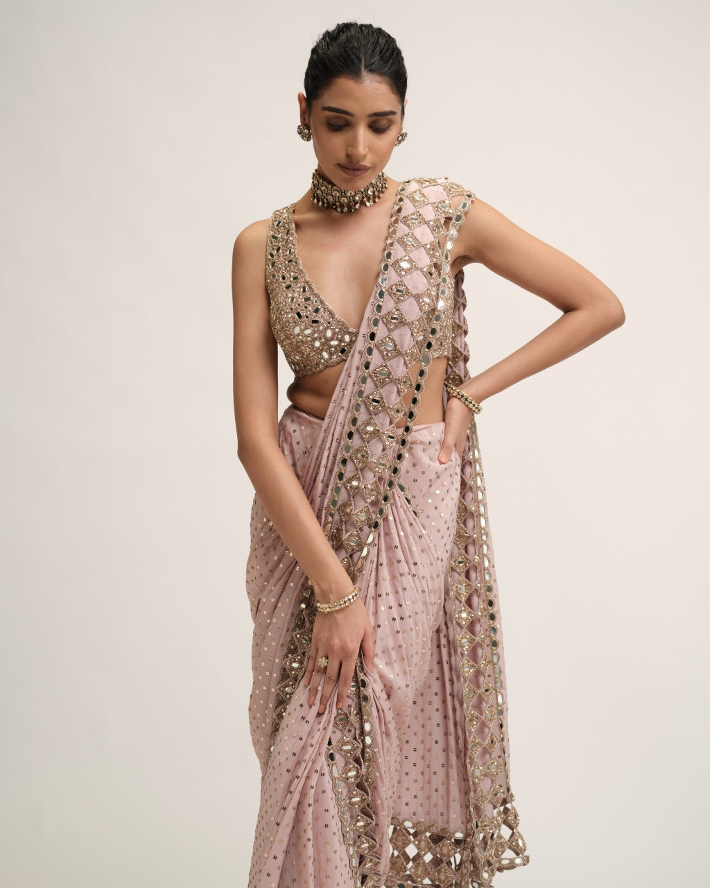 Ash Pink Cutwork Border Sari Set