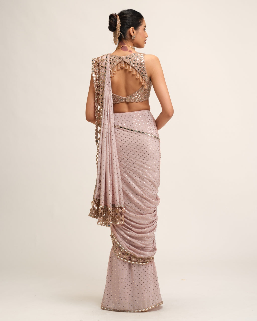 Ash Pink Cutwork Border Sari Set
