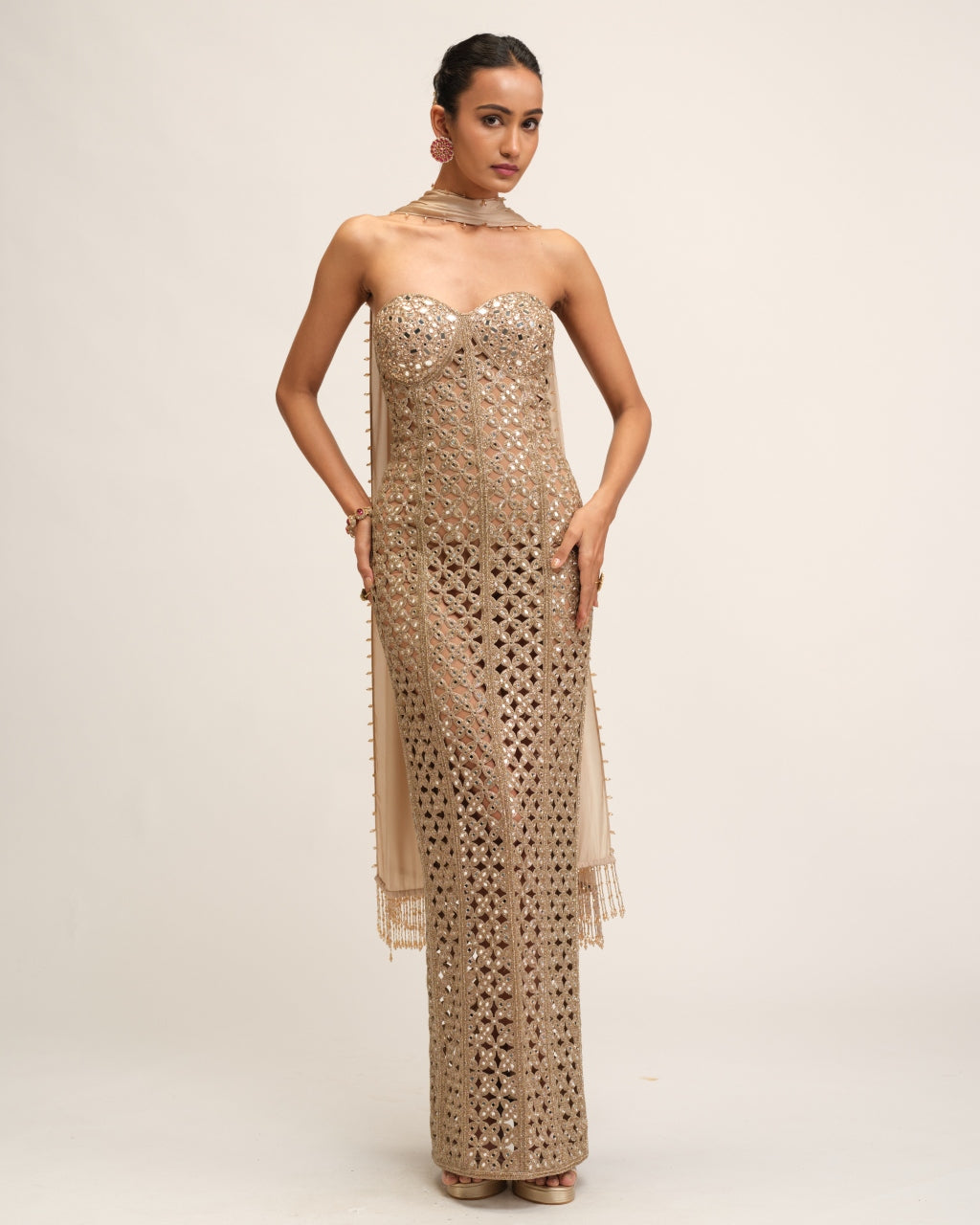 Light Beige Cutwork Dress Set