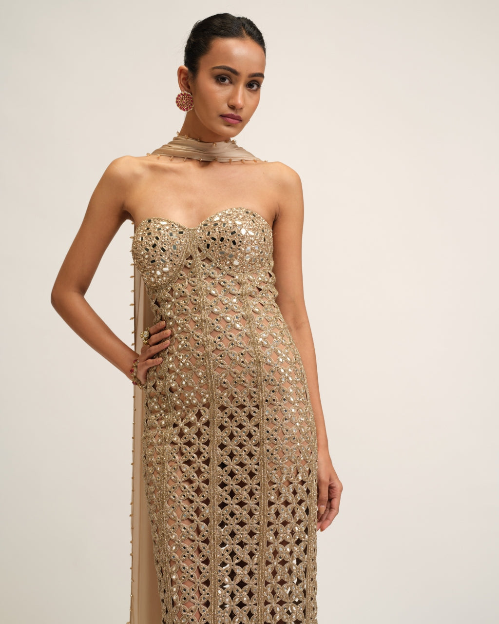 Light Beige Cutwork Dress Set