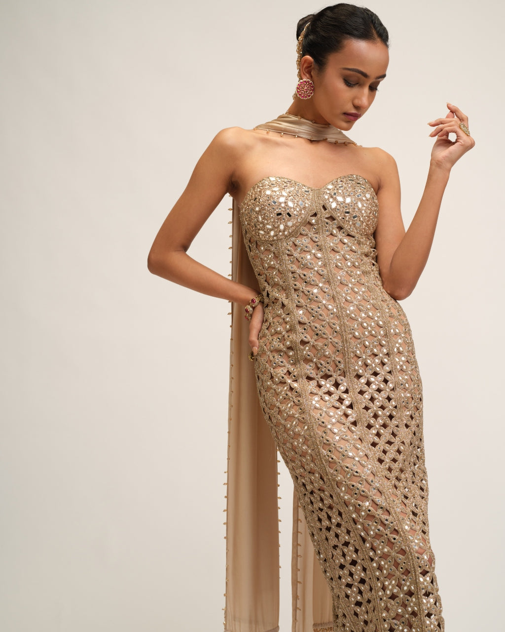 Light Beige Cutwork Dress Set