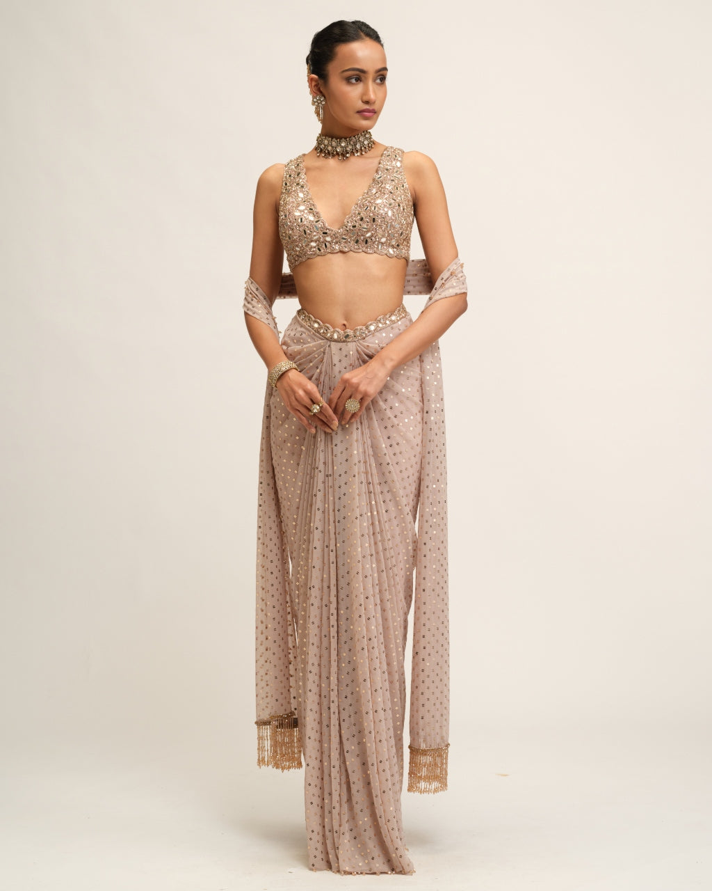 Ash Pink Draped Skirt With V Neck Blouse Set