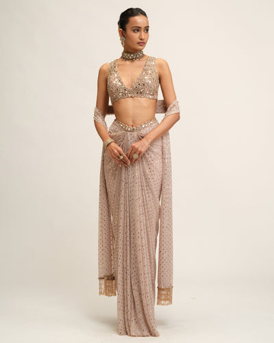 Ash Pink Draped Skirt With V Neck Blouse Set