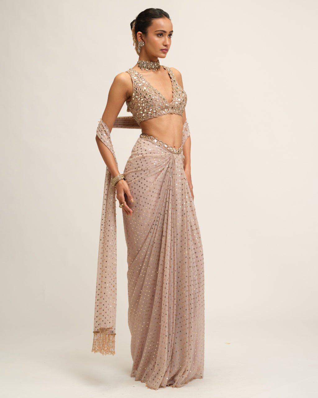 Ash Pink Draped Skirt With V Neck Blouse Set