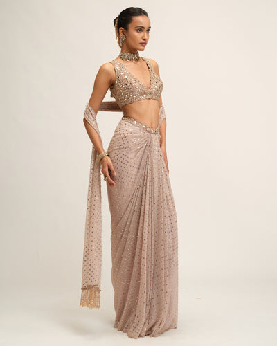 Ash Pink Draped Skirt With V Neck Blouse Set